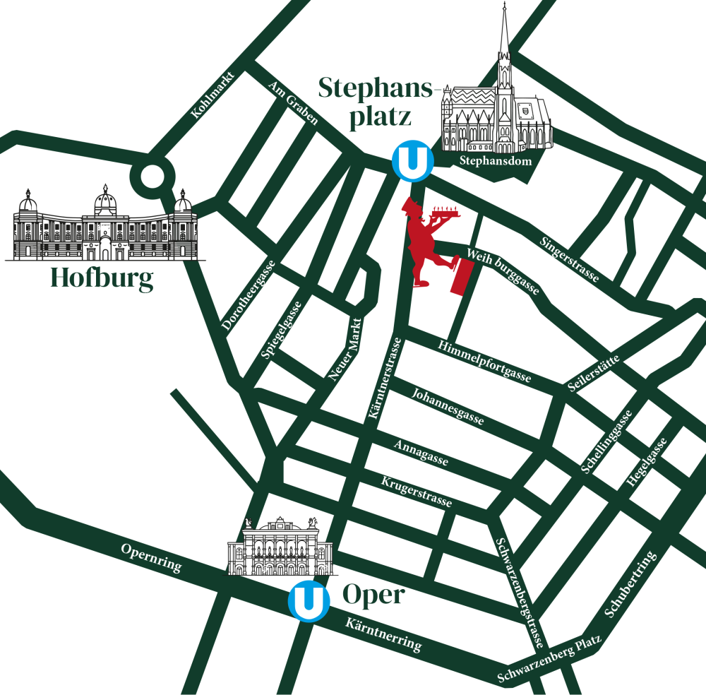Illustration des Stadtplans von Wien Innere Stadt mit dem eingezeichneten Restaurant "Zum Weißer Rauchfangkehrer"